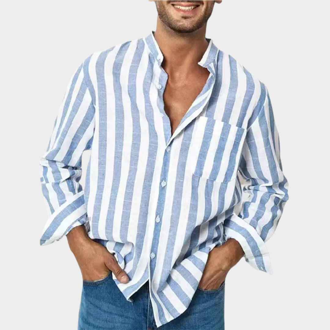 Men’s Casual Striped Long Sleeve Shirt – Relaxed Fit – Elastic Lightweight Linen Blend – Button-Up Design – Multiple Colours