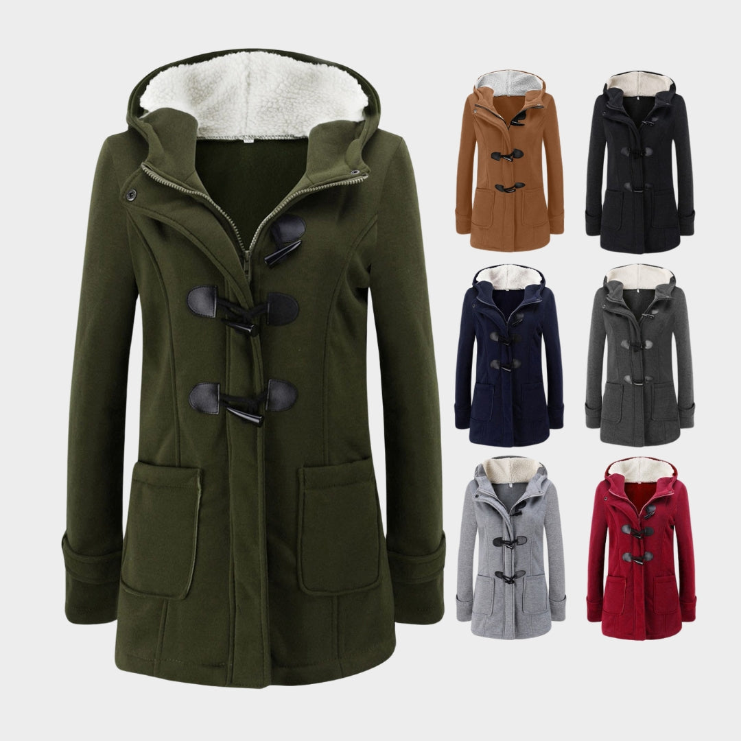 Women Warm Mid Length Hooded Coat – Horn Buckle Long Sleeve Outerwear – Multiple Colours