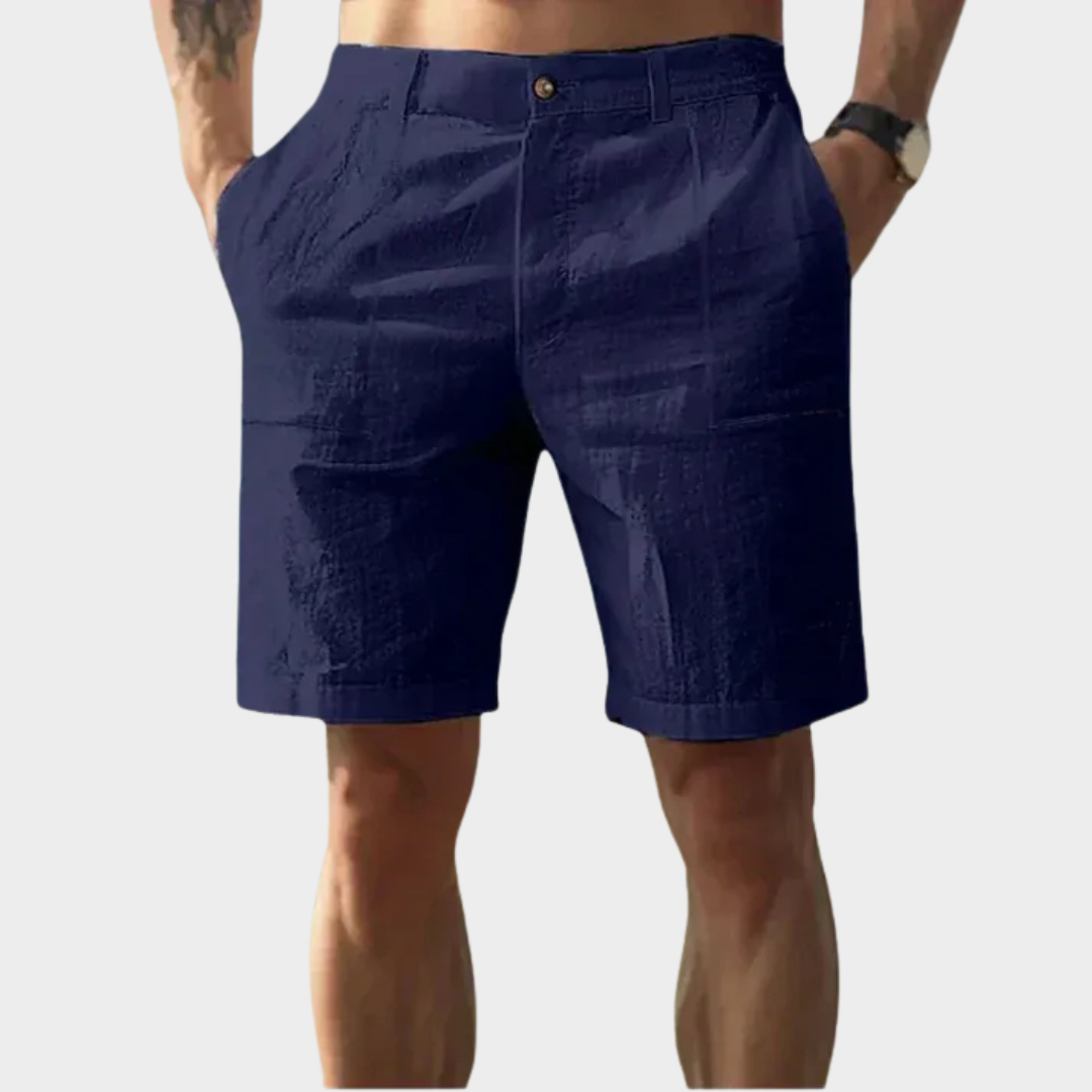 Men Linen Shorts – Stand Pocket Button Fly – Relaxed Fit – Solid Colour – Lightweight Fabric – Multiple Colours