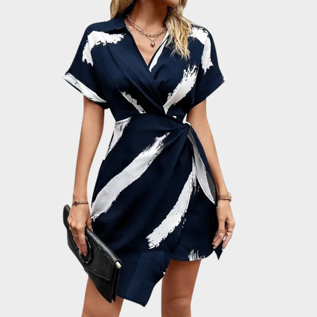 Women Short Sleeve V-Neck Dress – Printed Lace-Up Waist Short Fit in Lightweight Fabric – Navy Blue