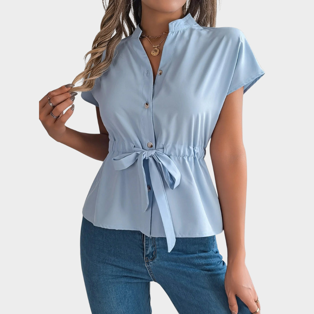 Women Button-Up Shirt – Elegant V-Neck Chiffon with Belt Style – Multiple Colours