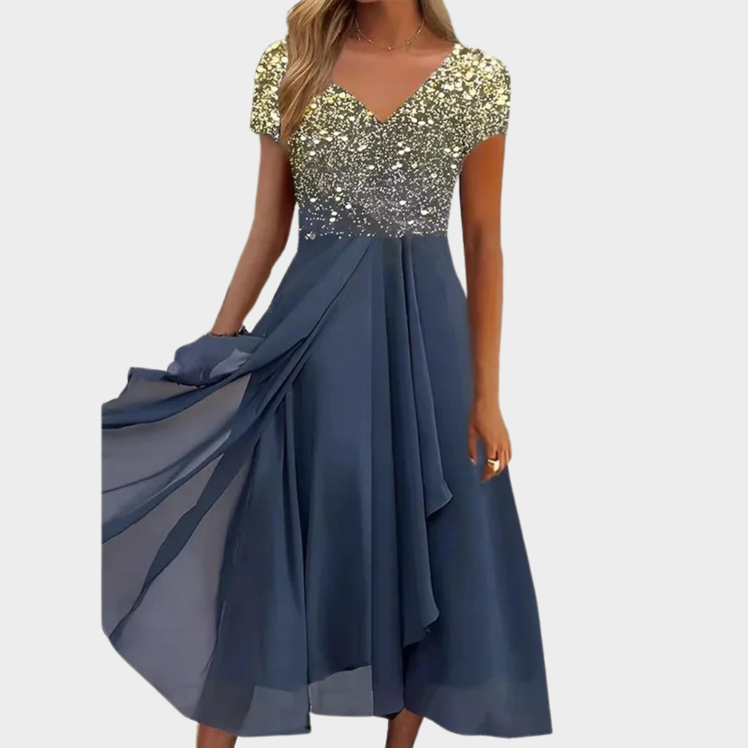Women’s Mid-Calf Dress – V-Neck – Short Sleeve – Gradient Sequin Bodice – Chiffon Skirt – Blue