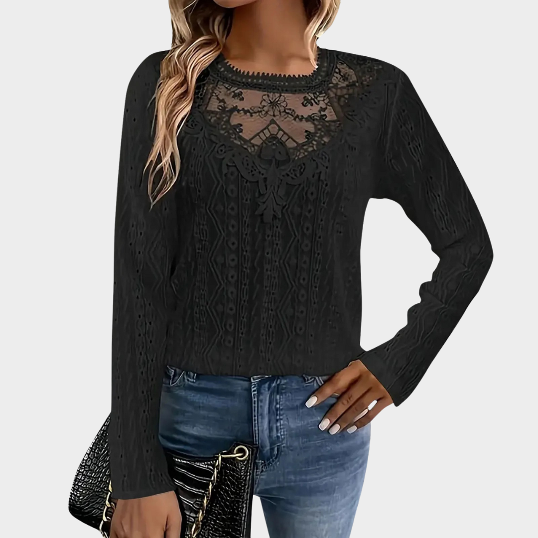 Women’s Long Sleeve Blouse – Lace Splice Detail – Hollowed Out Casual Fit – Soft Fabric T-Shirt Style – Multiple Colours