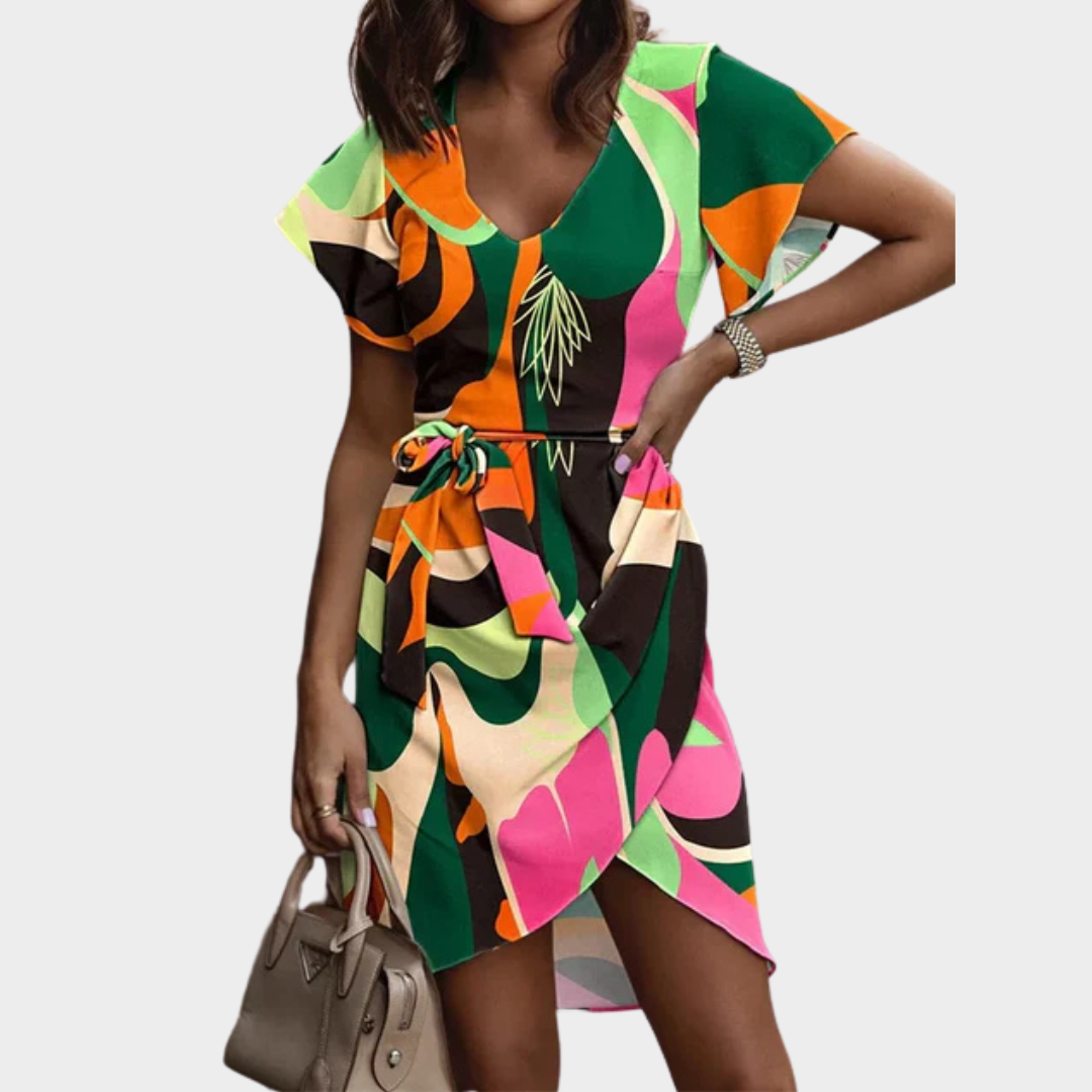 Women's V-Neck Print Short Sleeve Dress – Elegant Casual Fit – Lightweight Fabric – Boho Style – Multiple Colours
