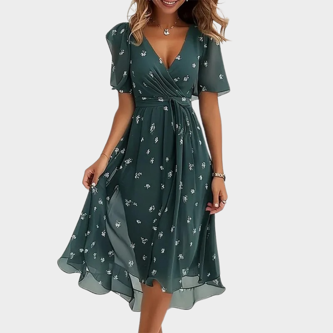 Women's Chiffon Mini Dress – V Neck – Floral Print – High Waist – Short Sleeve – Lightweight A-Line – Multiple Colours