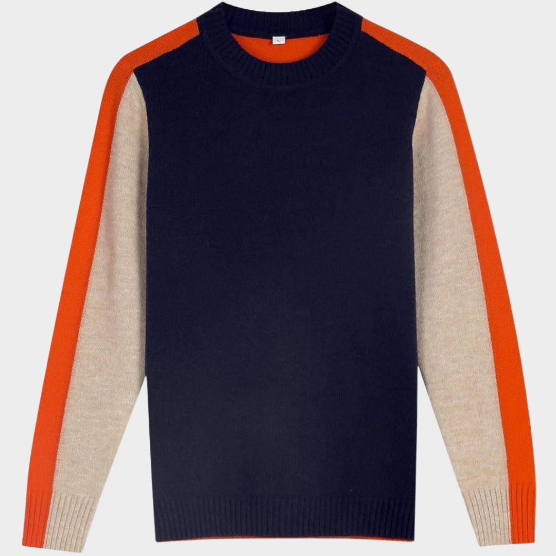 Women Knitted Sweater – Vintage Inspired O Neck Pullover – Loose Casual Fit – Soft Wool Blend Spliced Knitwear – Blue