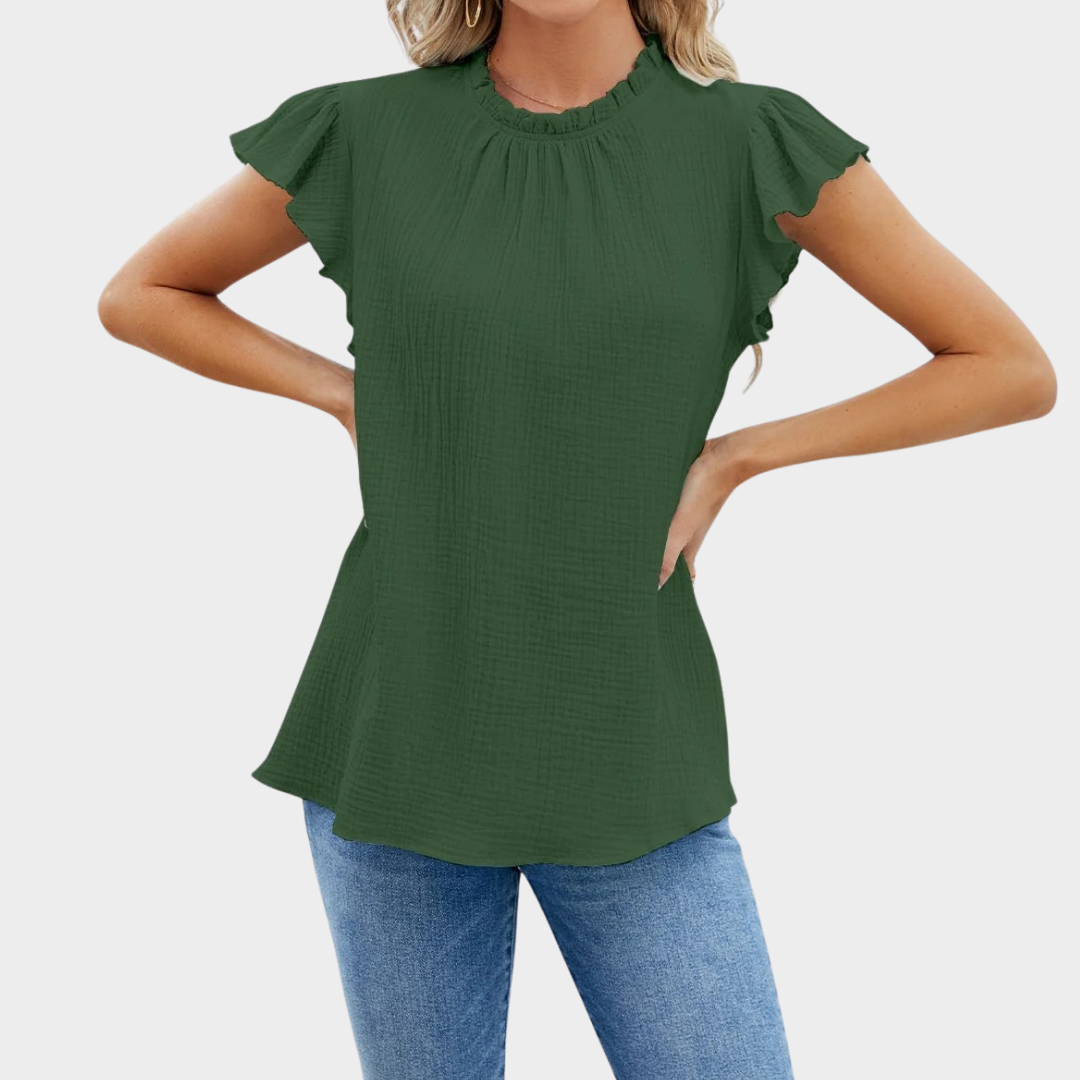 Women’s Short Sleeve Top – Relaxed Fit – Pleated Neck – Ruffle Sleeve – Comfortable Fiber Blend – Multiple Colours