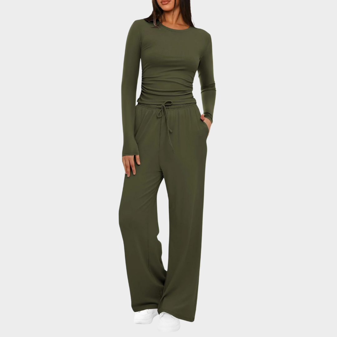 Women Casual Long Sleeve Outfit Set – High Waist Wide Leg Pants with Matching Top – Relaxed Fit Comfortable Sportswear – Multiple Colours