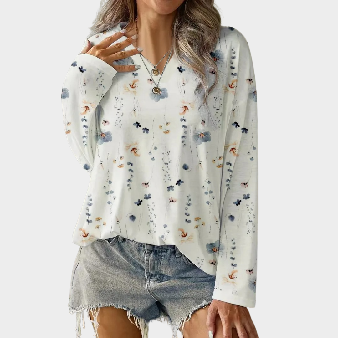 Women’s V-Neck Long Sleeve Blouse – Lightweight Loose Fit Printed Shirt – Casual Streetwear Style – Multiple Colours