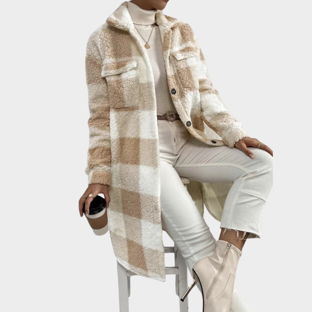 Women Plaid Longline Cardigan Coat – Turn Down Collar Loose Fit Plush Outerwear – Multiple Colours