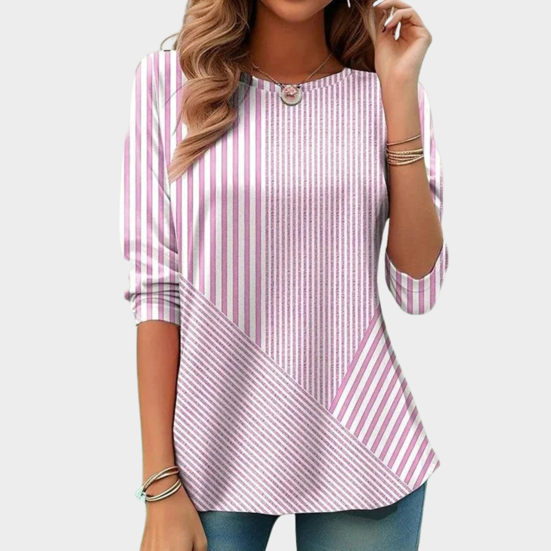 Women's Casual T-Shirt – Long Sleeve Striped Round Neck Top Cotton-Polyester Blend – Pink