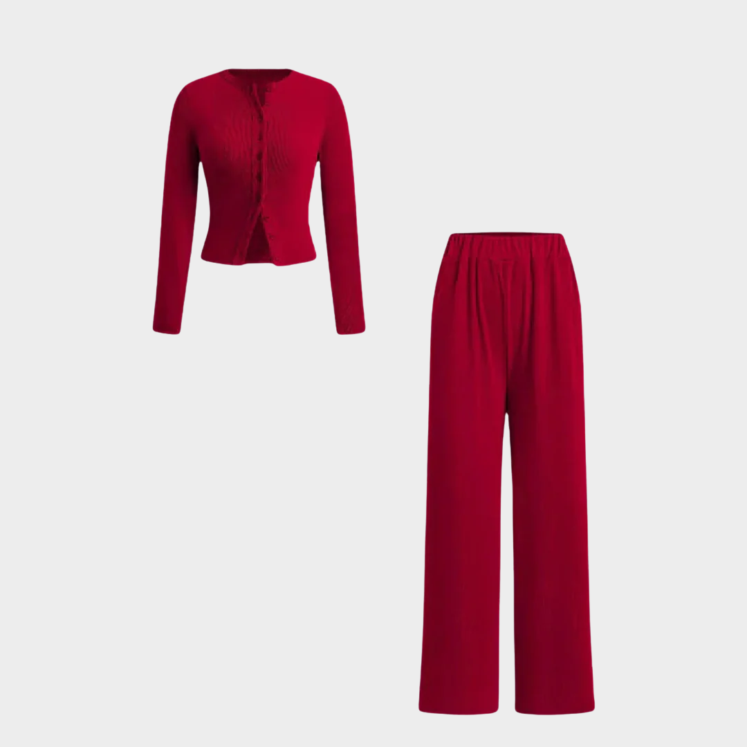 Women Two Piece Set – Solid Ribbed Crop Top with Button Front and Elastic Waist Pants – Casual Matching Outfit Comfortable Y2K Style – Multiple Colours