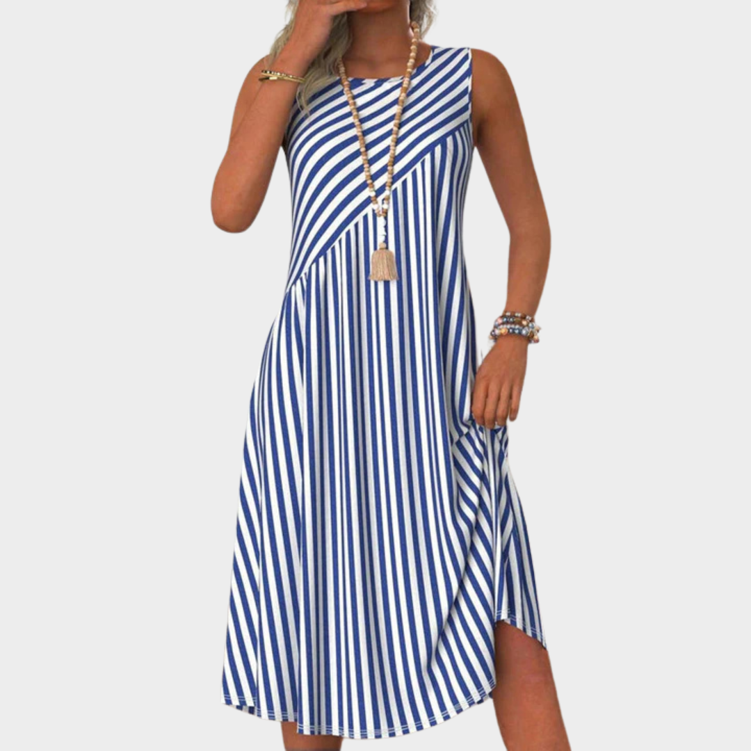 Women’s Sleeveless Striped Dress – Round Neck Casual Fit – Lightweight Cotton Blend – Knee Length – Blue