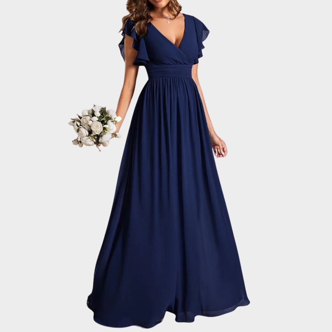 Women’s V-Neck Bridesmaid Dress – Elegant Chiffon Gown with Ruffled Sleeves and Open Back – Multiple Colours