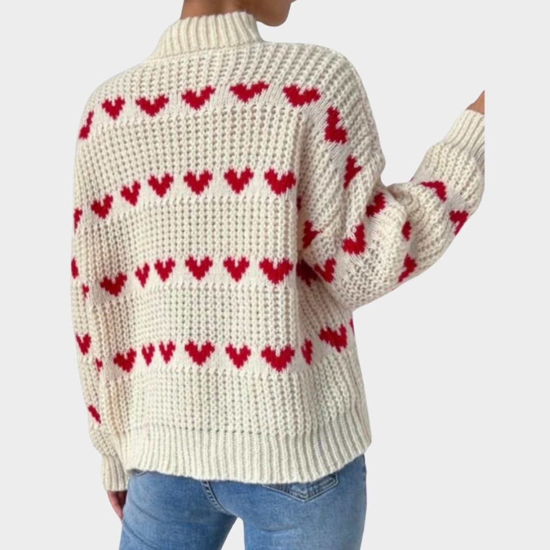 Women’s Baggy Knitted Sweater - Love Heart Jacquard, Long Sleeve Mock Neck Pullover, White