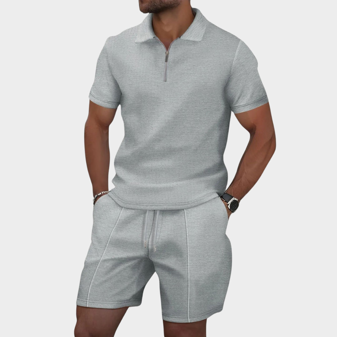 Men’s Waffle Knit Polo & Shorts Set – Short Sleeve Lapel Casual Two-Piece – Lightweight Breathable Fabric – Multiple Colours