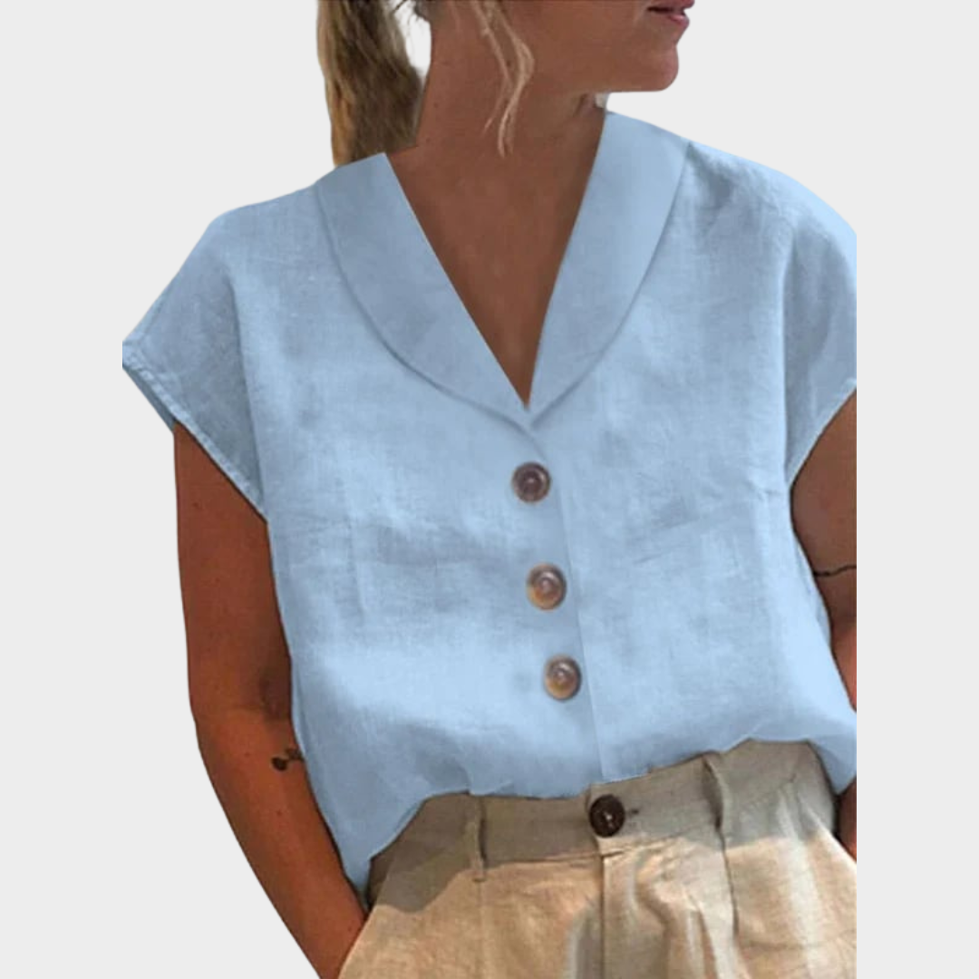 Women's Casual Cotton Linen Blouse – Single-Breasted Lapel – Half Sleeve – White