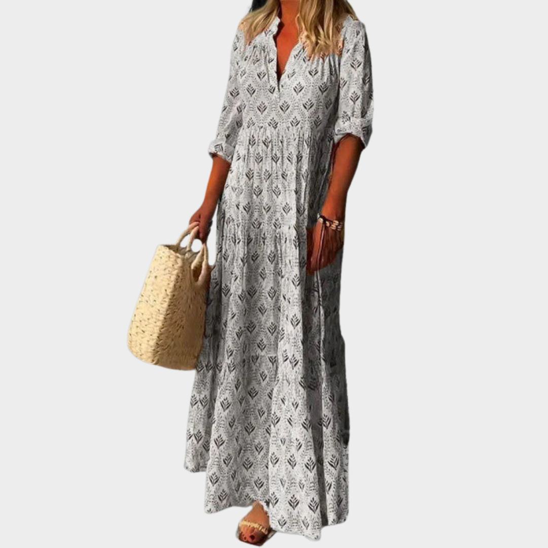 Women Retro Long Dress – Stand Collar Loose Fit Cotton Blend Design – Multiple Colours