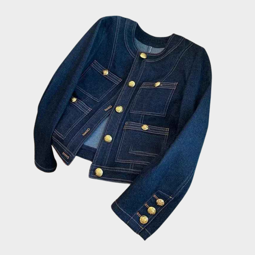 Women's Denim Jacket - Short Loose Fit - Classic O-Neck Coat - Button-Up with Pockets - Blue