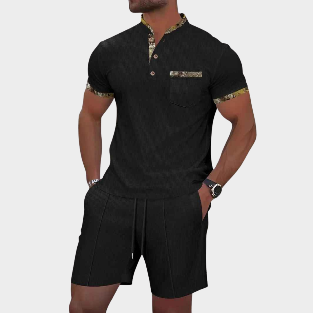 Men's Co-Ord Set – Waffle Zip-Up Lapel Shirt and Shorts Two-Piece – Multiple Colours