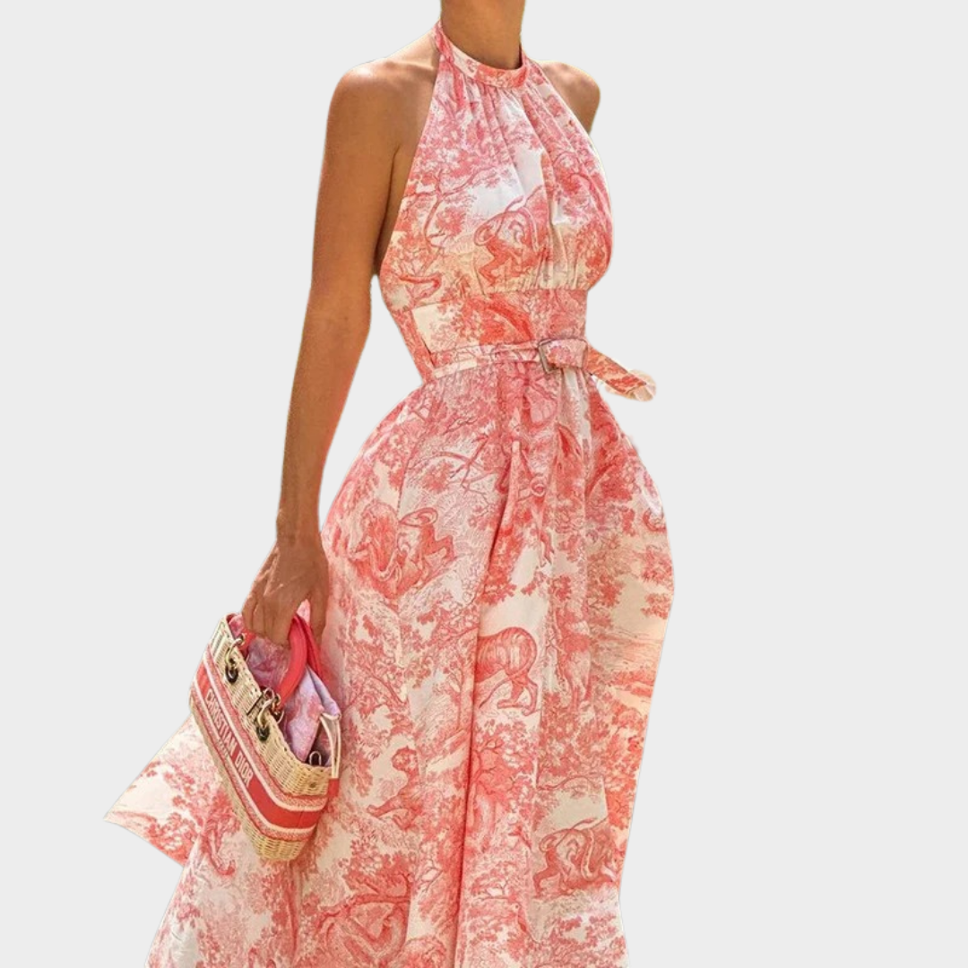 Women’s Elegant Printed Halter Dress – Chic A-Line Swing Dress – Backless Lace-Up – Pink