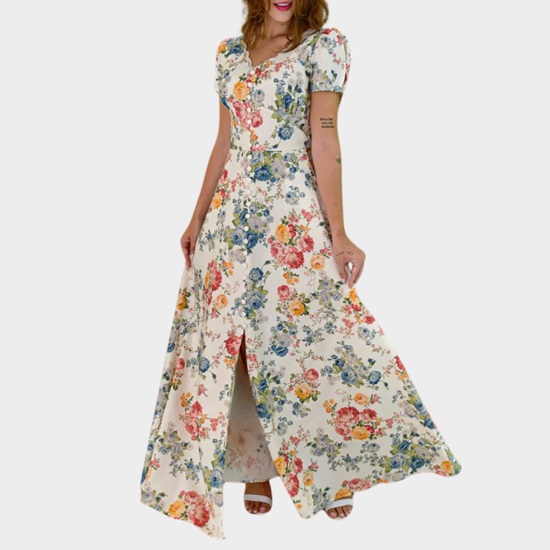 Women's Bohemian Maxi Dress – V-Neck Flowy A-Line Dress – Puff Short Sleeves – Soft Fabric – Flowers
