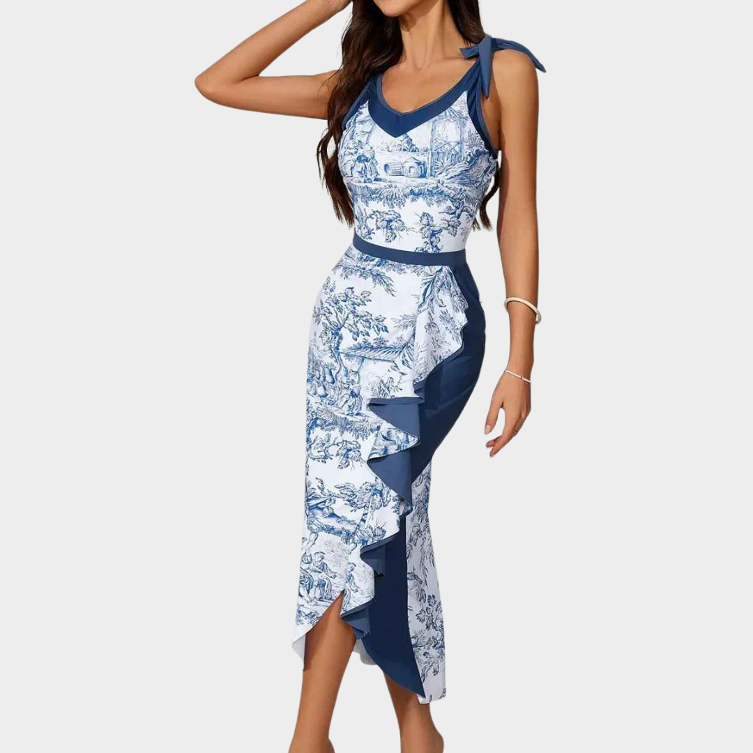 Women's One-Piece Swimsuit – Retro Tie-Dress Long Skirt Style Slim Fit – Blue