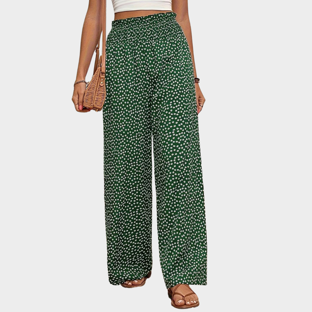 Women’s Wide-Leg Trousers – High Waist Fit – Slightly Flared – Elastic Waist – Floral Pattern – Lightweight Drape – Multiple Colours