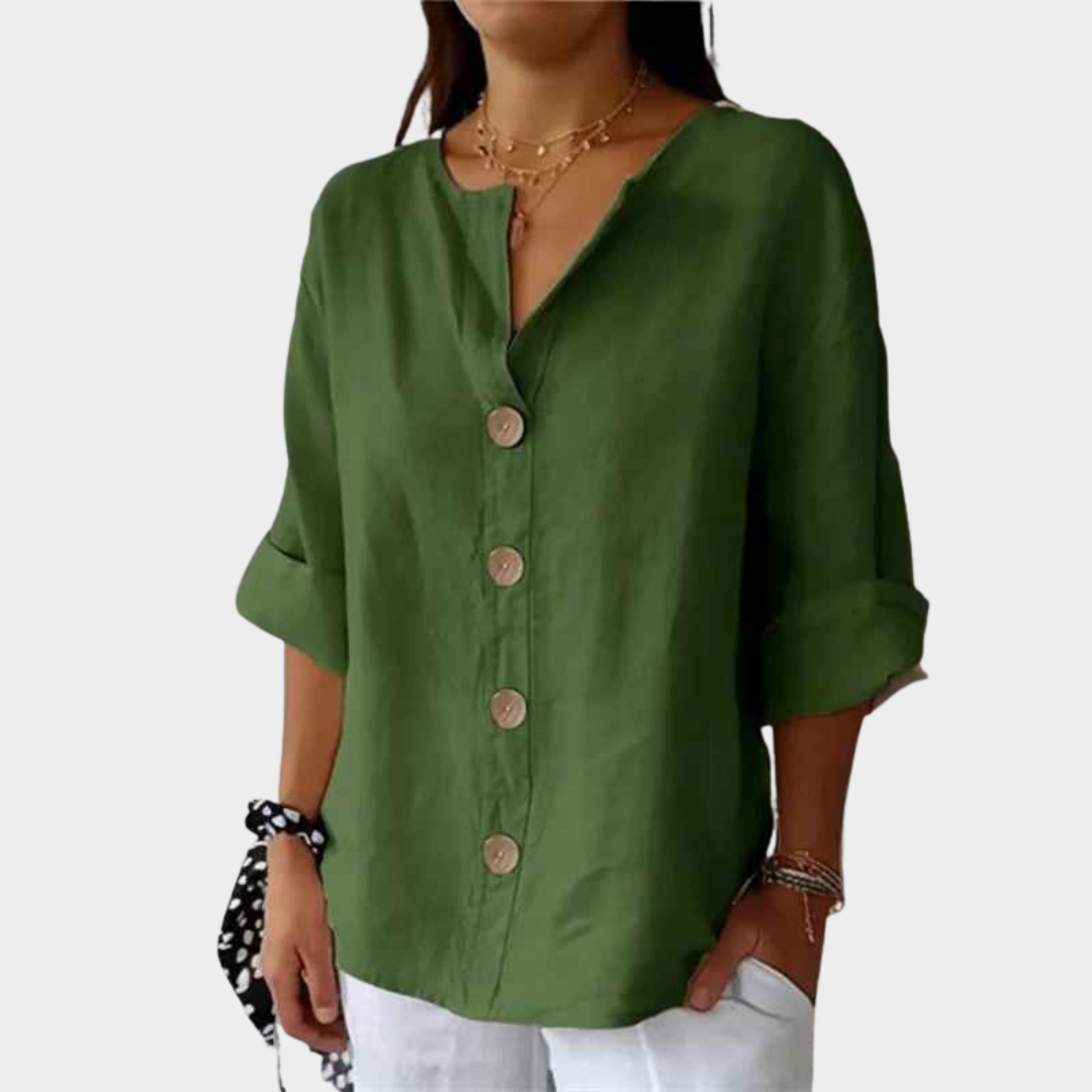 Women V-Neck Blouse – Loose Fit Button Front Cotton Linen Shirt – Multiple Colours