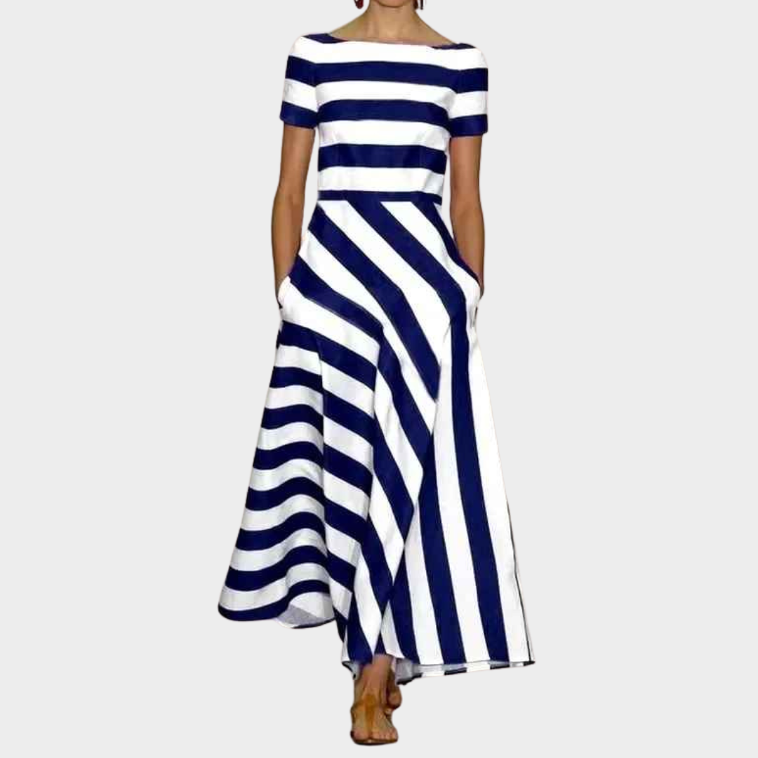 Women's Ankle-Length Dress – One Shoulder Short Sleeve Striped Design with Relaxed Fit – Multiple Colours