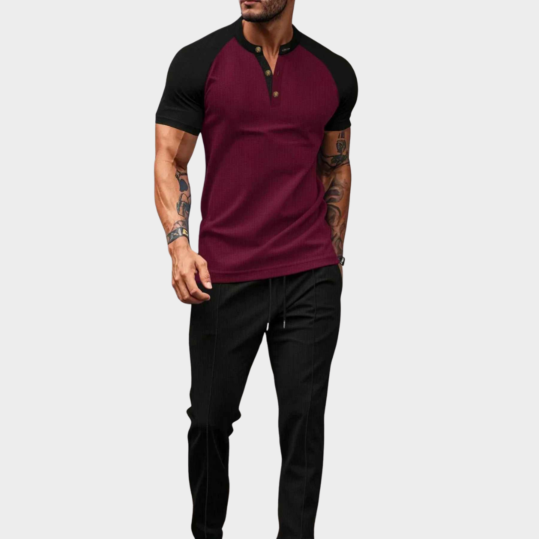 Men's Two-Piece Set – Colour Block Gingham Round Neck Short Sleeve Top with Long Pants – Multiple Colours