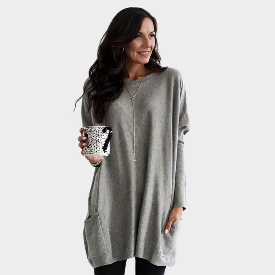 Women’s Long Sleeve Tunic Top - Casual Loose Sweater with Pockets, Plus Size Pullover, Grey, Black, Peacock Blue, and More