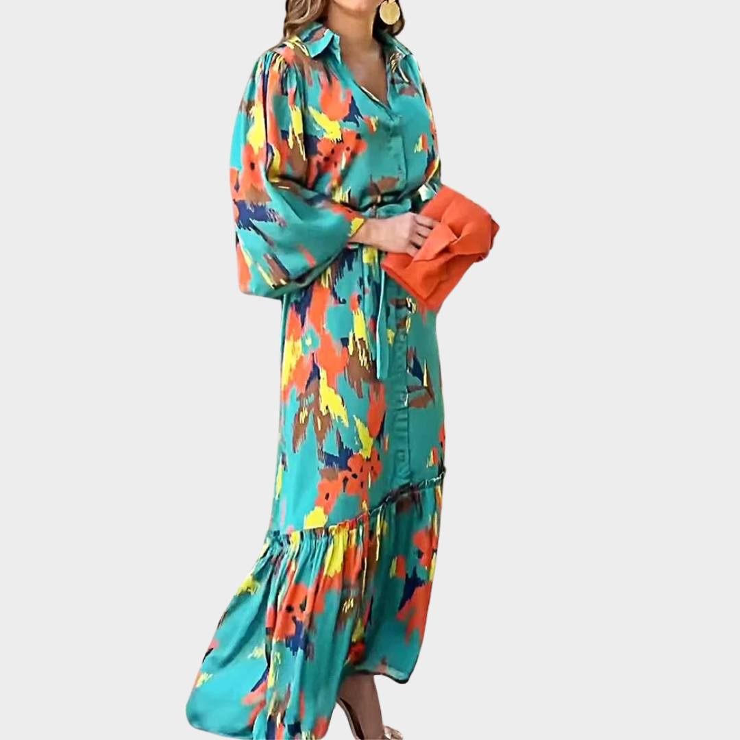 Women's Elegant Button Long Dress – Lantern Sleeve – Lace-Up Waist – Green