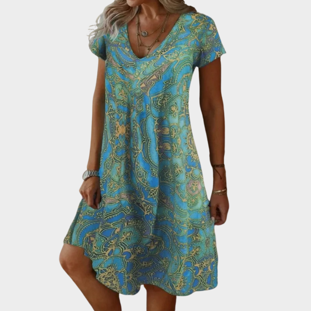 Women’s Casual Swing Dress – V-Neck Printed Midi Dress – Lightweight Fit – Cotton-Poly Blend – Relaxed Silhouette – Multiple Colours