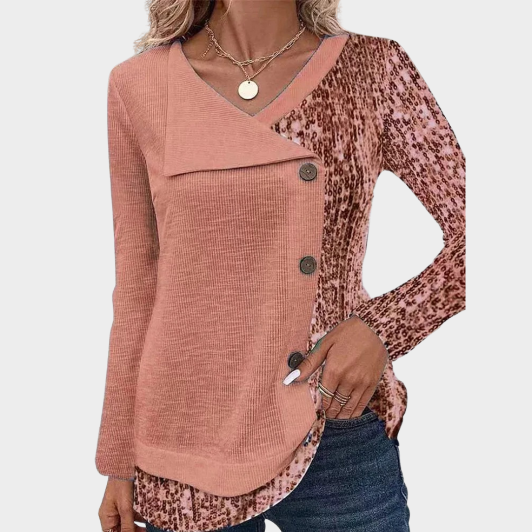 Women’s Asymmetric Button-Up Long Sleeve Top – Round Neck Party Shirt – Soft Printed Cotton Blend – Multiple Colours