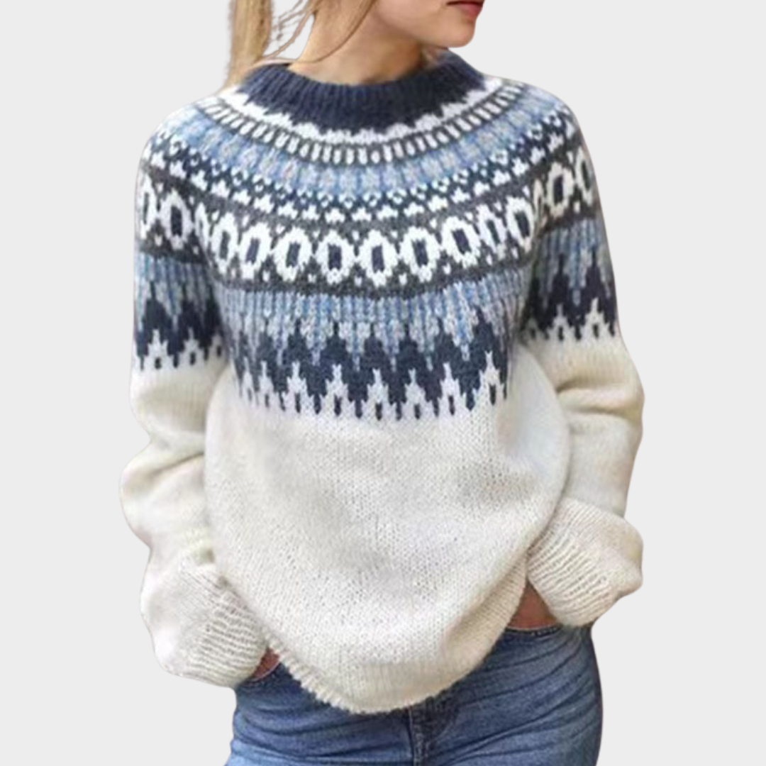 Women's High Neck Knit Sweater – Long Sleeve – Geometric Pattern – Soft & Warm – White & Blue