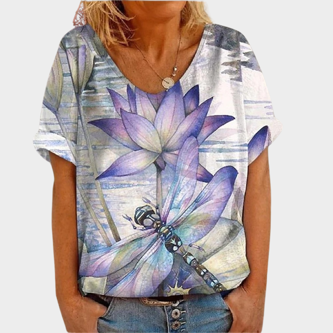 Women’s V-Neck 3D Print T-Shirt – Casual Short Sleeve Lightweight Tee – Relaxed Fit Everyday Style – Purple