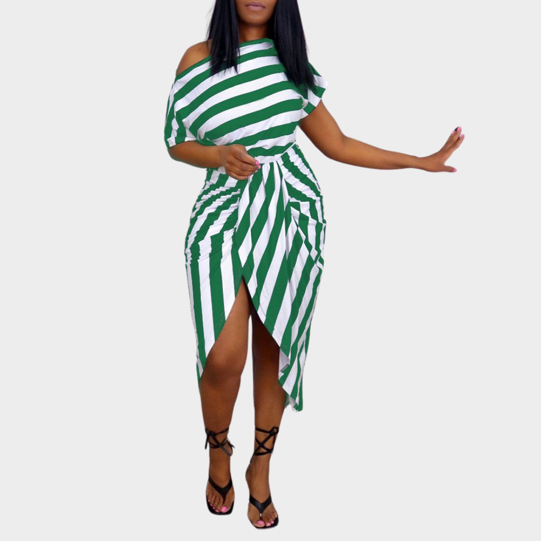 Women's Slant Collar Print Dress – Short Sleeve – Irregular Hem – Slim Fit – Multiple Colours