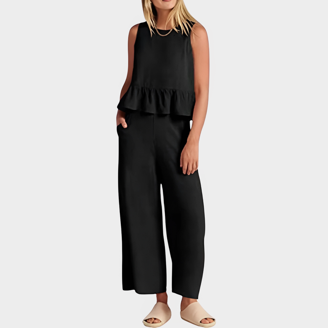 Women's Two-Piece Trouser Set - Sleeveless O-Neck Top & Pleated Wide-Leg Pants - Casual Loose Fit - Multiple Colours