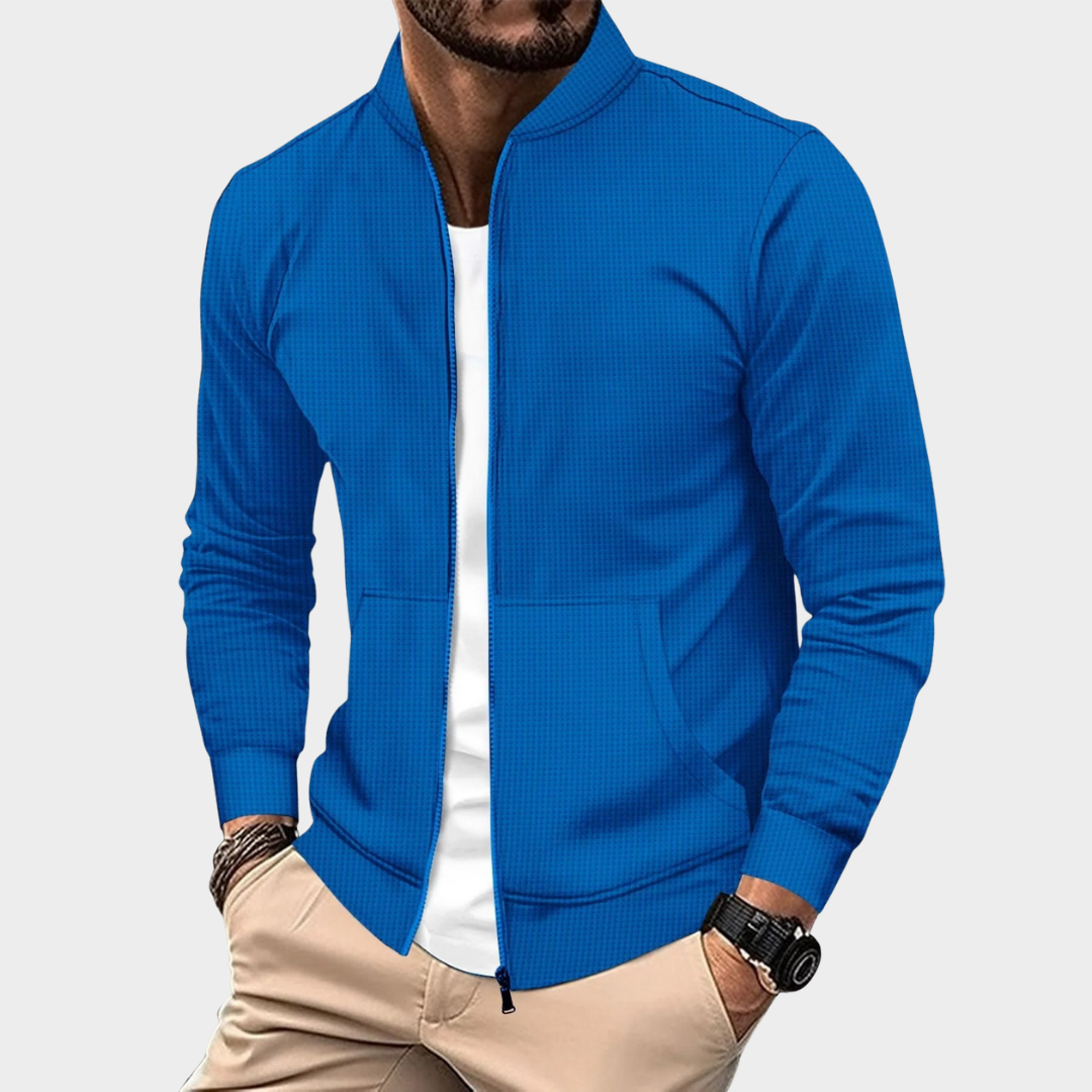 Men’s Slim Fit Cardigan Jacket – Flip Collar Waffle Design Long Sleeve Sportswear with Zipper Pocket – Multiple Colours