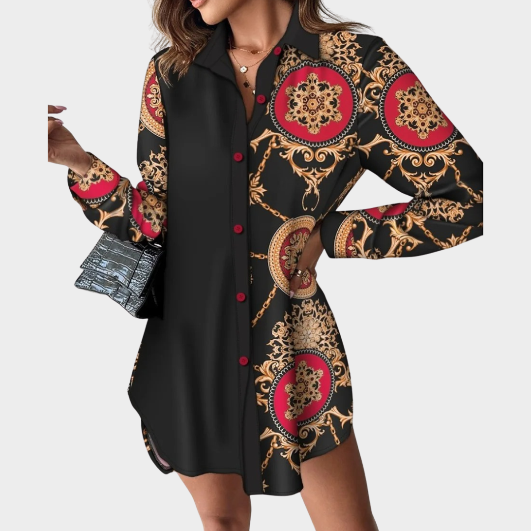 Women's Long Sleeve Shirt Dress – Casual Loose Fit with Leopard Print Patchwork and Button Front – Office and Street Style – Multiple Colours