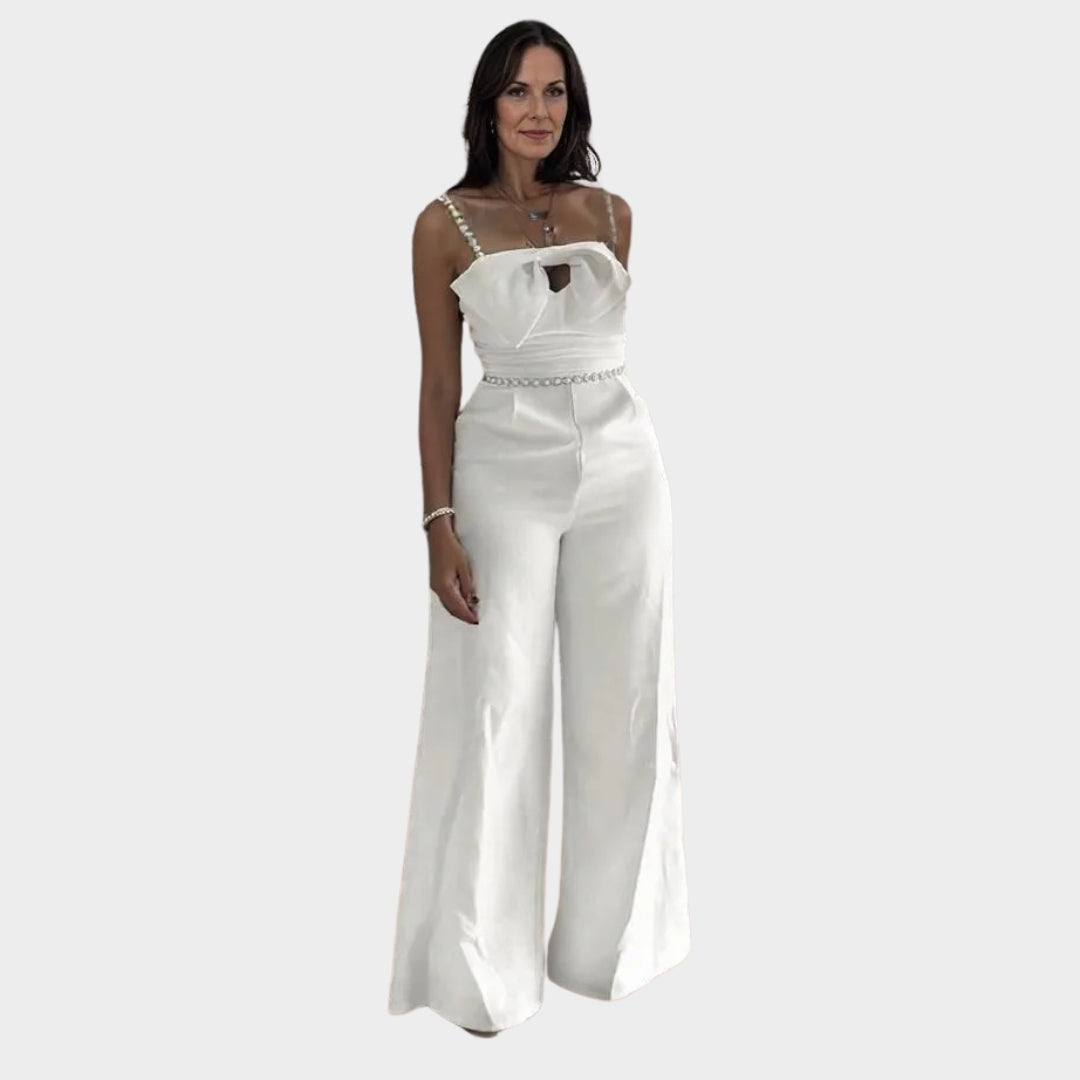 Spring Women’s Elegant Jumpsuit – Bandeau, Beading, Bowknot Design, Ruffles, Slim Fit, Wide Leg, White