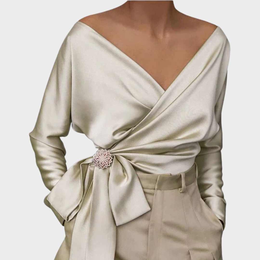 Women's Satin Blouse – V-Neck – Side Lace-Up – Long-Sleeved – Elegant Glossy Top – Multiple Colours