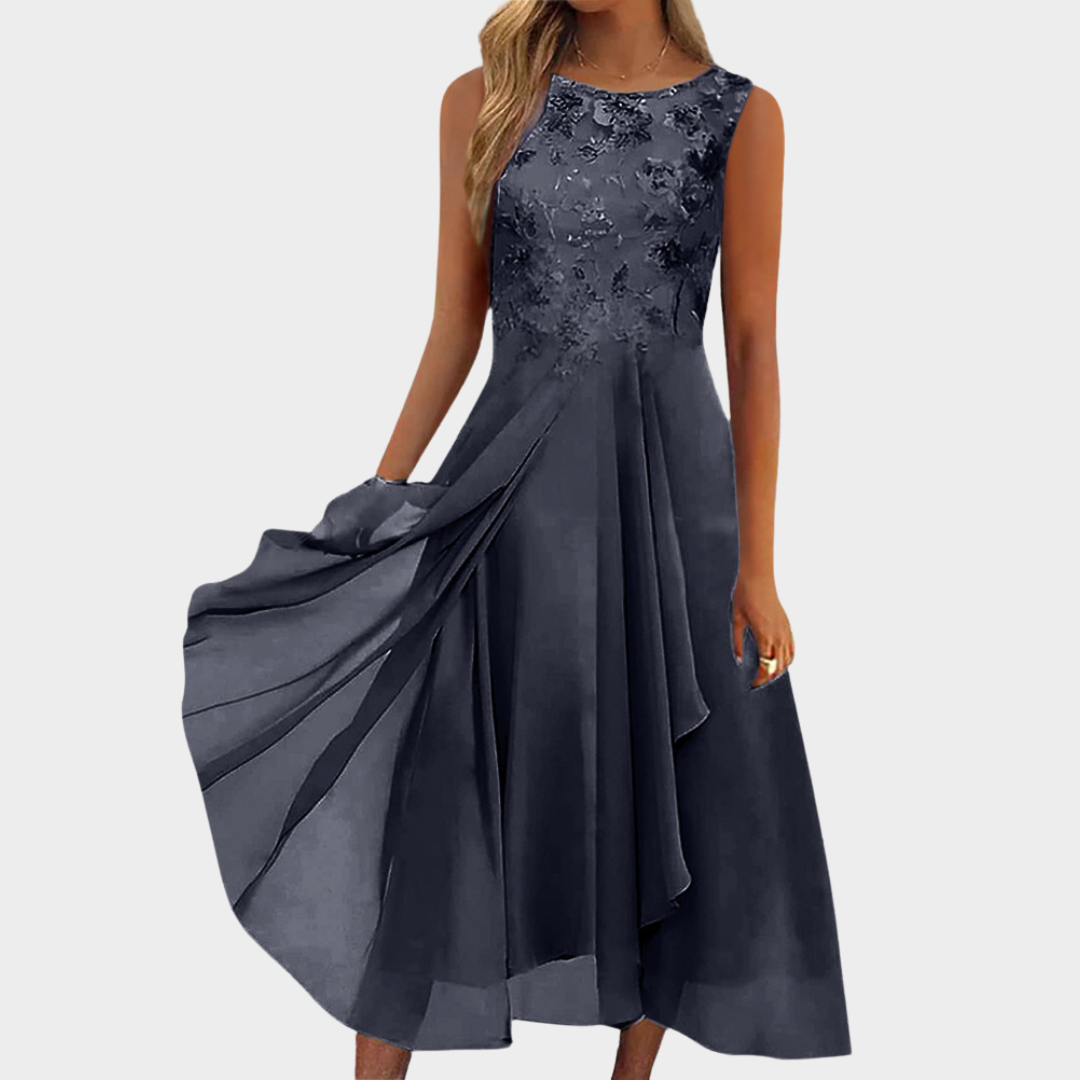 Lace Magic Midi Dress – Women's Elegant Midi Dress – Lace Sleeves – A-Line Fit – V-Neck – Navy Blue
