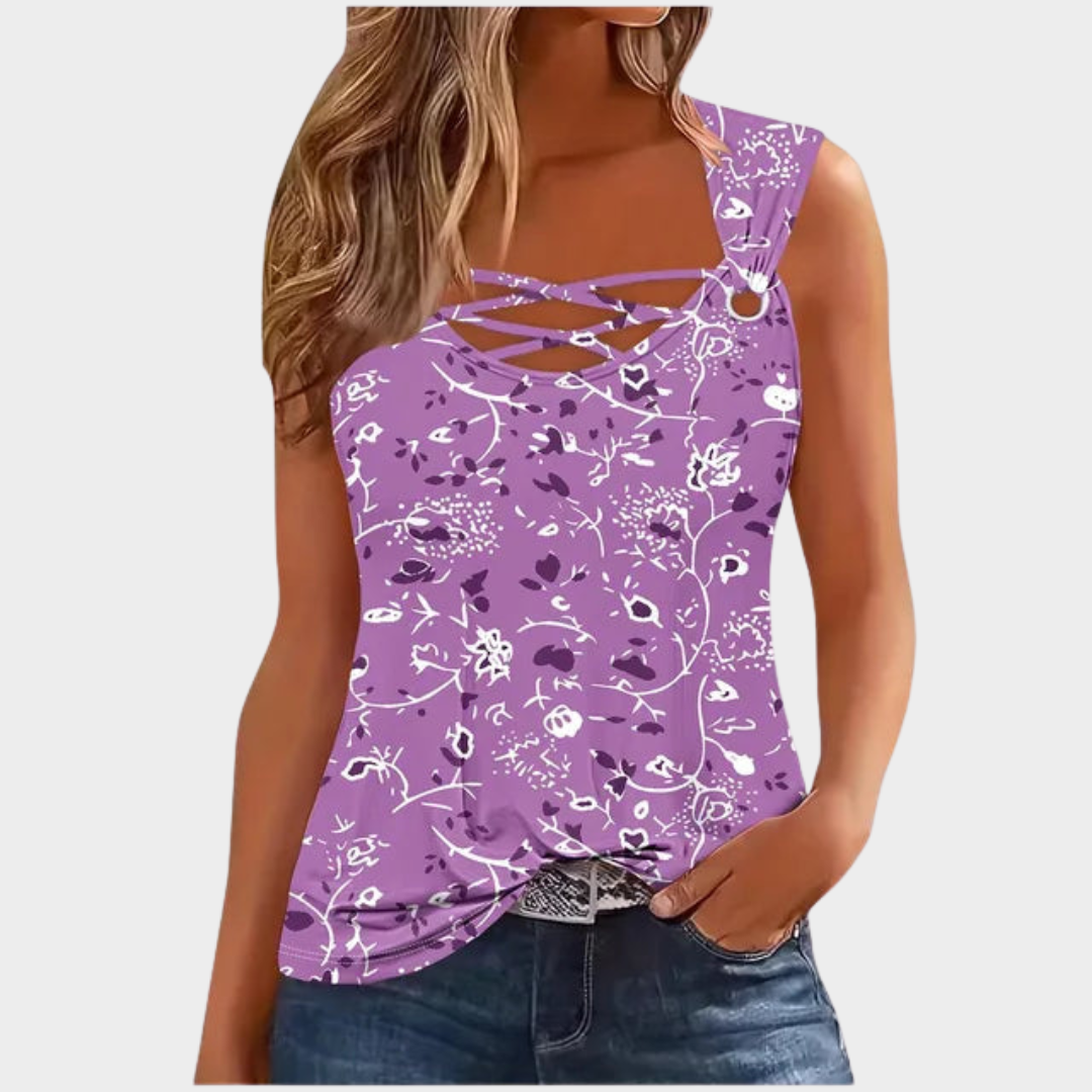 Women’s Sleeveless Hollow-Out Tank Top – Casual Print – Lightweight Relaxed Fit – Multiple Colours