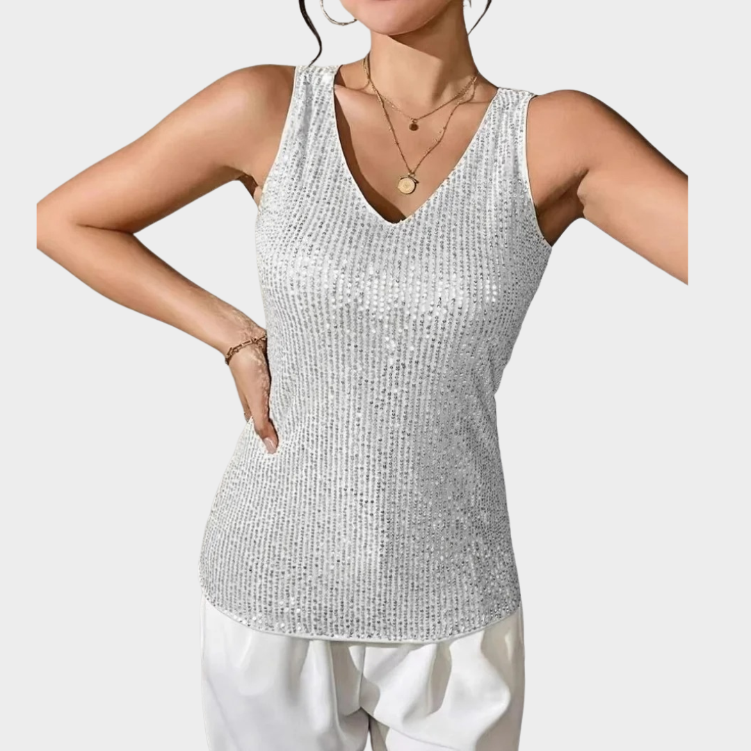 Women’s Loose Fit Sequin Camisole Top – V-Neck – Lightweight Inner Wear – Sparkling Finish – Silver