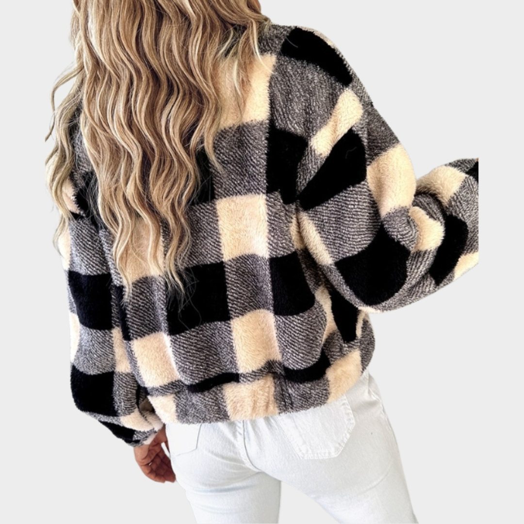 Casual Colorblock Teddy Fleece Jacket for Women – Turn-Down Collar, Black/white/grey