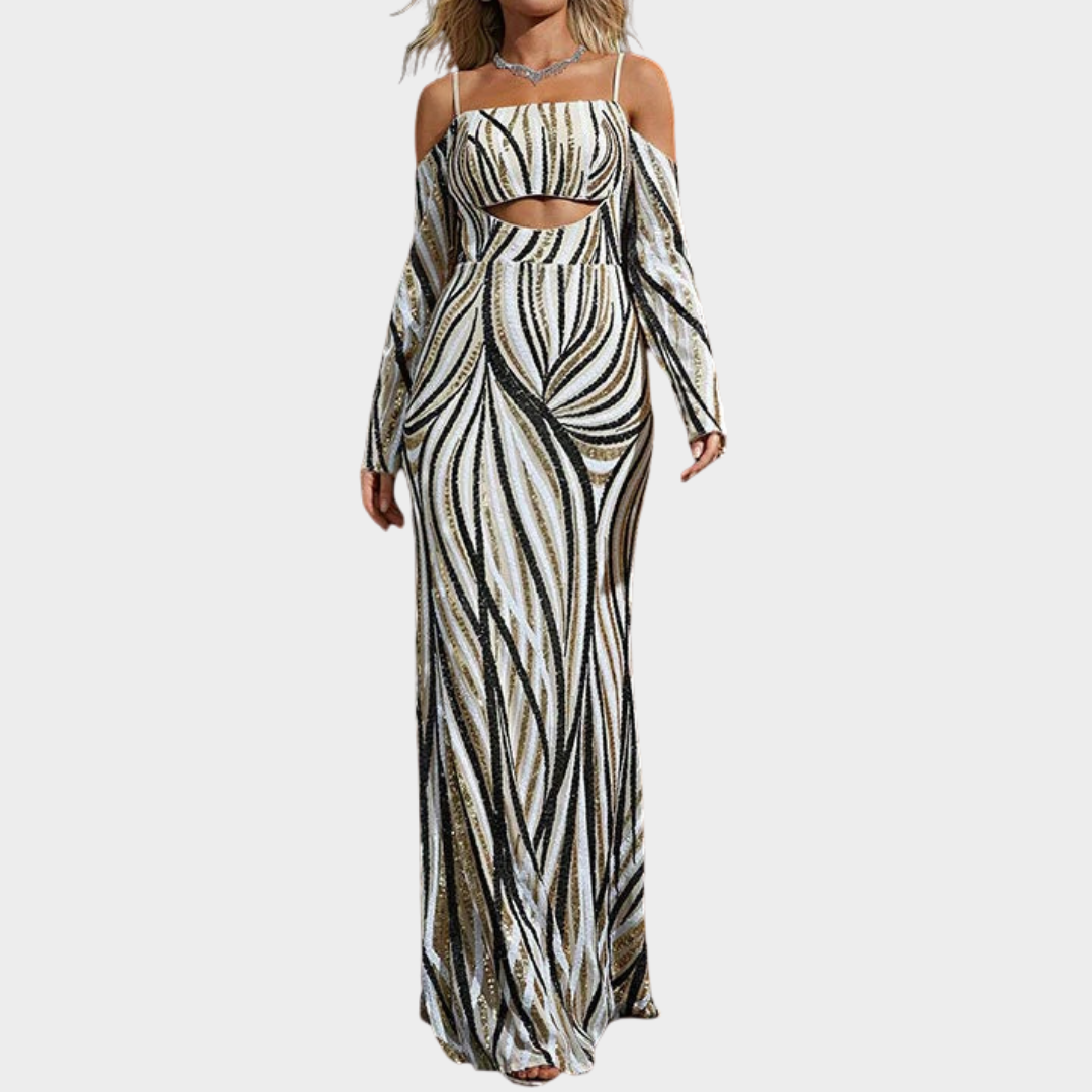 Women's Glitter Fabric Maxi Dress – Bodycon Fit with Long Sleeves and Cut-Out Detail – White