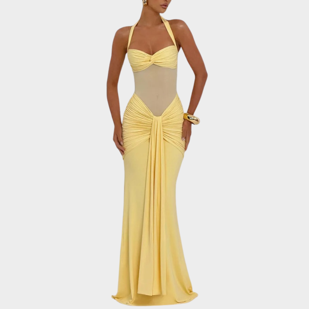 Women’s Maxi Dress – Halter Neck Backless Bodycon Long Dress with Sheer Mesh Bodice and Ruched Draped Detail – Multiple Colours