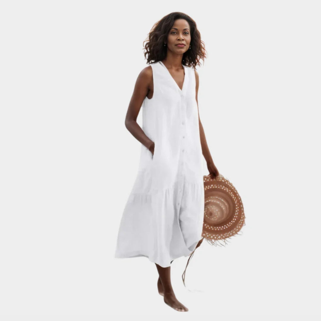 Women's Sleeveless Summer Dress – V-Neck Button-Down Swing Style with Pocket (Purple, Green, Orange, and More)